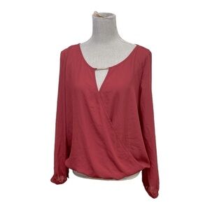 Cover Stitched Dark Red Top Size L Semi Sheer Surplice Blouse Long
Sleeve V Neck